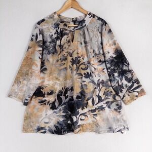 Denim & Co Signature Jacquard Knit 3/4 Sleeve Keyhole Top 1X Multicolor Stretch